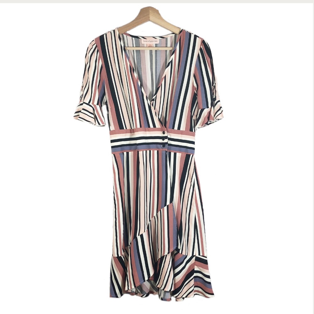 Band of Gypsies Striped Ruffle Dress Short Sleeves Multicolor Sz S
